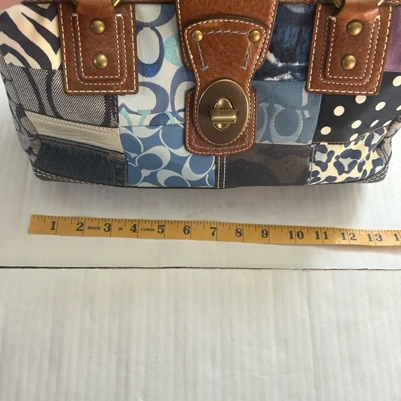 Coach Blue Patchwork and Tan Leather Tote Shoulder Handbag - Picture 9 of 15
